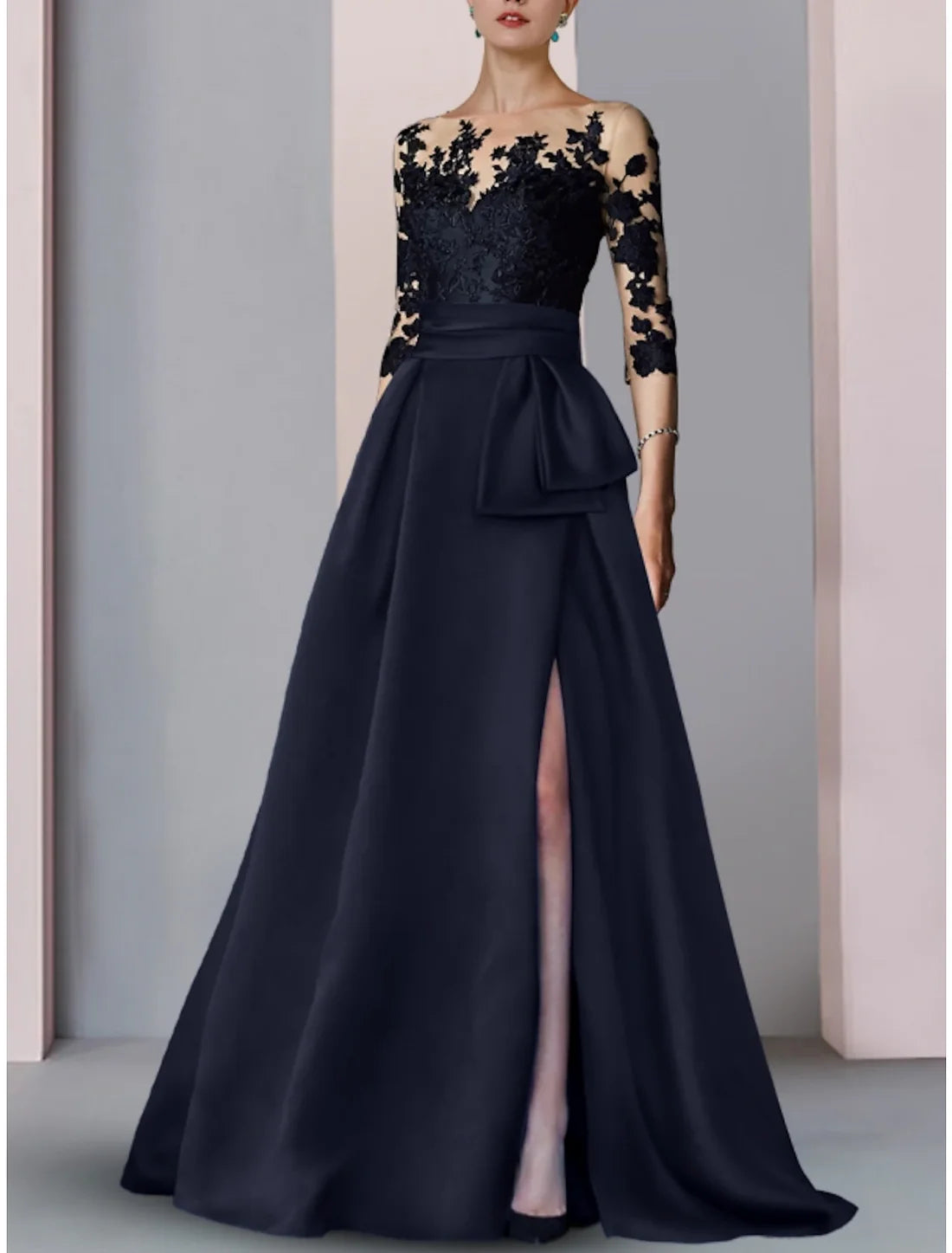 Luolandi A-Line Evening Gown High Split Dress Formal Fall Sweep / Brush Train Half Sleeve Illusion Neck Satin with Slit Embroidery Mother of the Bride Dress